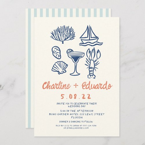 Hand drawn Coast  Retro Wedding invitation