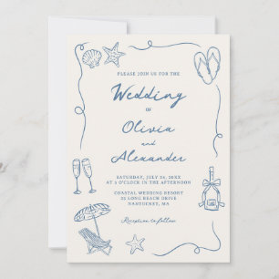 Hand Drawn Coastal Beach Dusty Blue Ivory Wedding Invitation