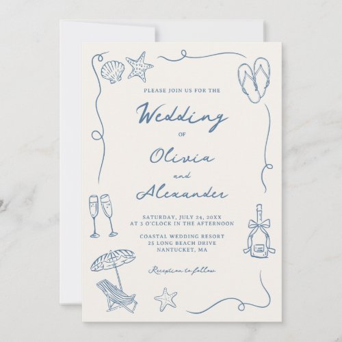 Hand Drawn Coastal Beach Dusty Blue Ivory Wedding