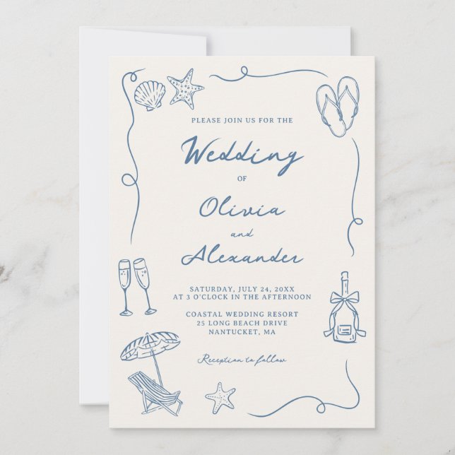 Hand Drawn Coastal Beach Dusty Blue Ivory Wedding Invitation (Front)