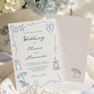 Hand Drawn Coastal Beach Dusty Blue Ivory Wedding Invitation