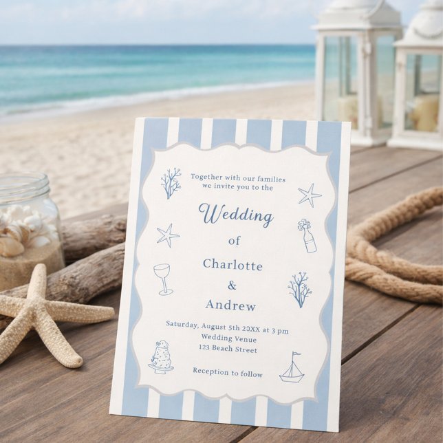 Hand drawn coastal beach dusty blue ivory wedding invitation (Creator Uploaded)