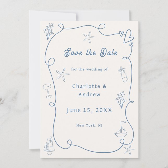 Hand drawn coastal beach dusty blue ivory wedding save the date (Front)