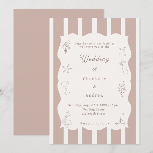 Hand drawn coastal beach ivory taupe wedding invitation (Front/Back)