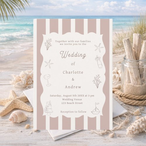 Hand drawn coastal beach ivory taupe wedding