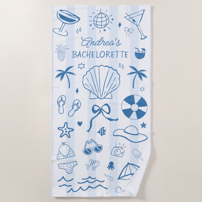 Hand Drawn Coastal Beach Summer Bachelorette Favor Beach Towel (Front)