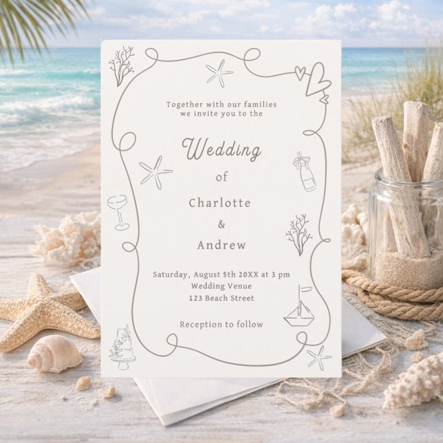 Hand drawn coastal beach taupe sand ivory wedding invitation (Creator Uploaded)