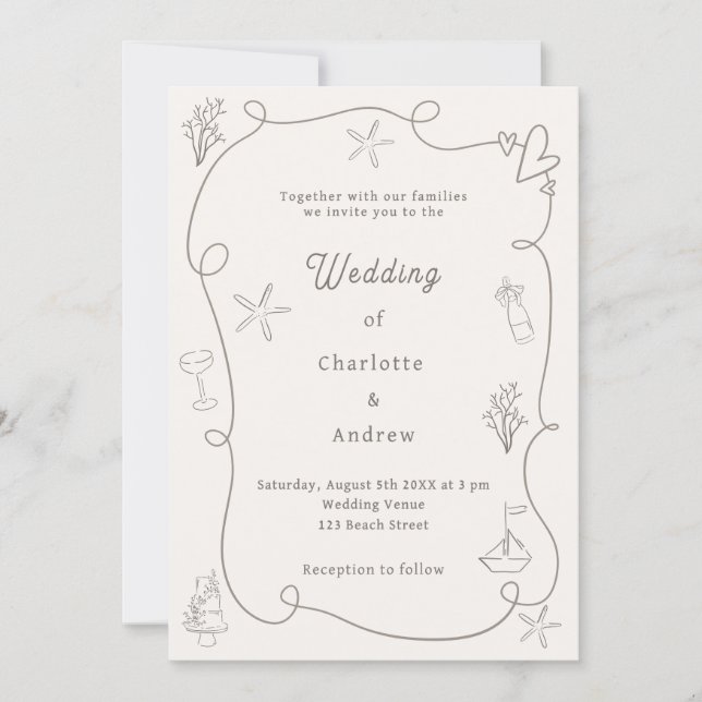 Hand drawn coastal beach taupe sand ivory wedding invitation (Front)