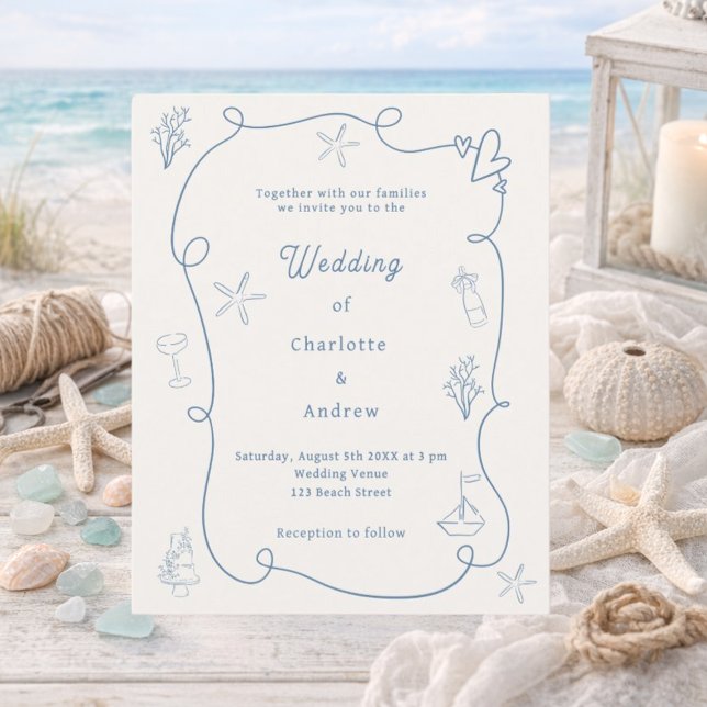 Hand drawn coastal blue ivory wedding invitation (Creator Uploaded)