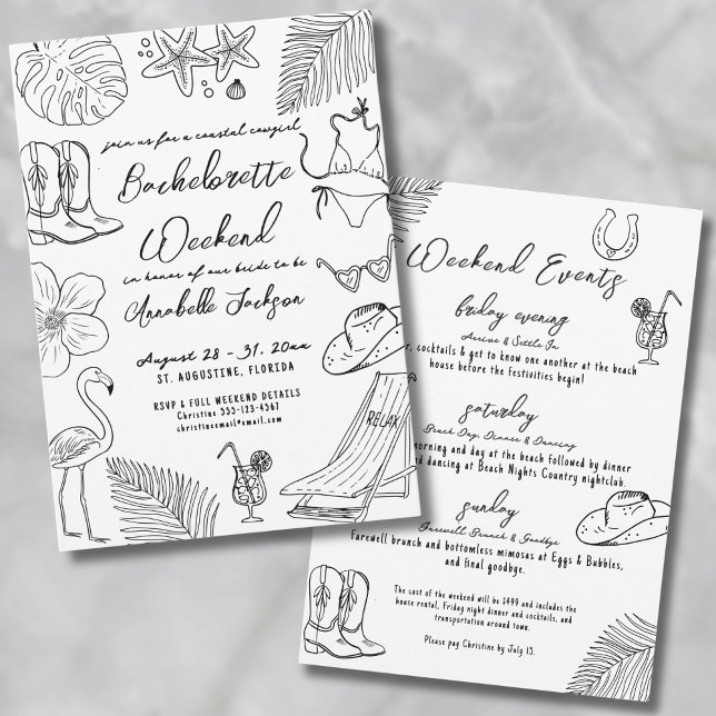 Hand Drawn Coastal Cowgirl Bachelorette Party Invitation (Hand Drawn Coastal Cowgirl Bachelorette Party Invitation)
