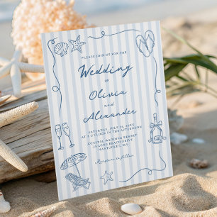Hand Drawn Coastal Dusty Blue Beach Wedding Invitation