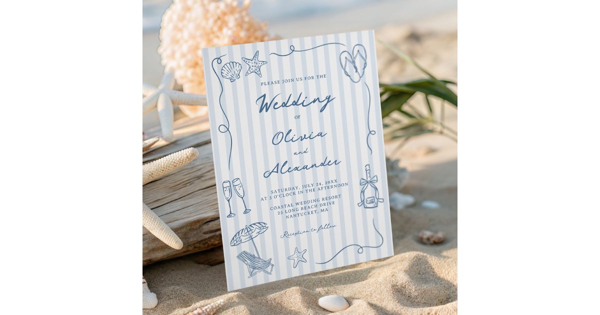 Hand Drawn Coastal Dusty Blue Beach Wedding Invitation | Zazzle