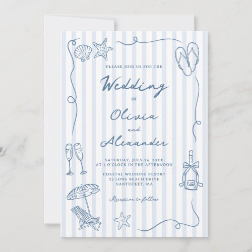 Hand Drawn Coastal Dusty Blue Beach Wedding
