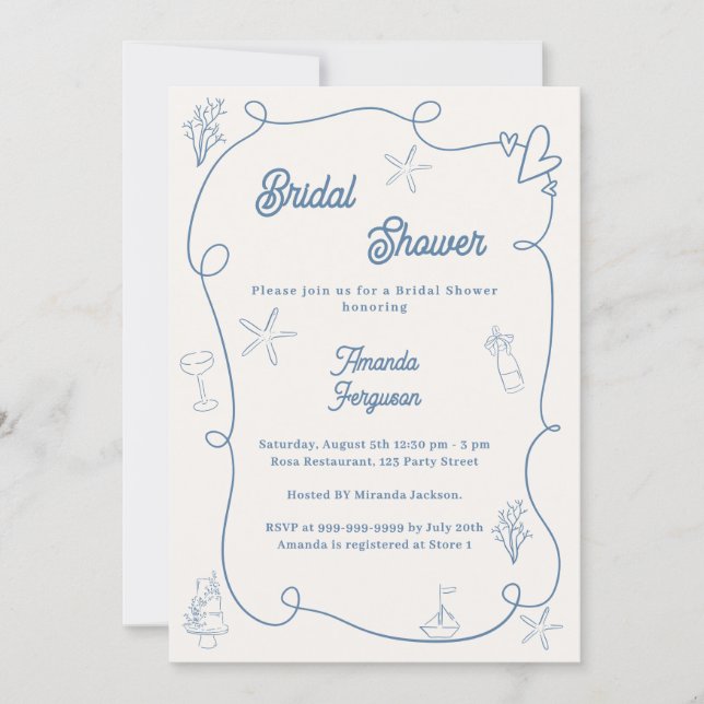 Hand drawn coastal dusty blue ivory Bridal Shower Invitation (Front)