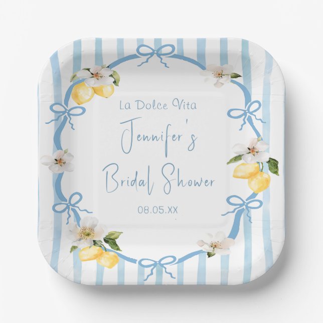Hand Drawn Coastal Italian Lemon Bridal Shower Paper Plates (Front)