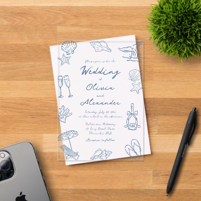 Hand Drawn Coastal Whimsical Doodle Beach Wedding Acrylic Invitations (Insitu (Invitation Card))