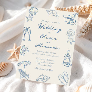 Hand Drawn Coastal Whimsical Doodle Beach Wedding Invitation