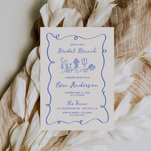 Hand Drawn Cobalt Blue Bridal Brunch Invitation