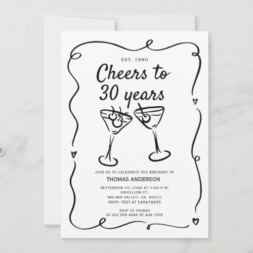 Hand Drawn Cocktail 30th40th50th Birthday  Invitation