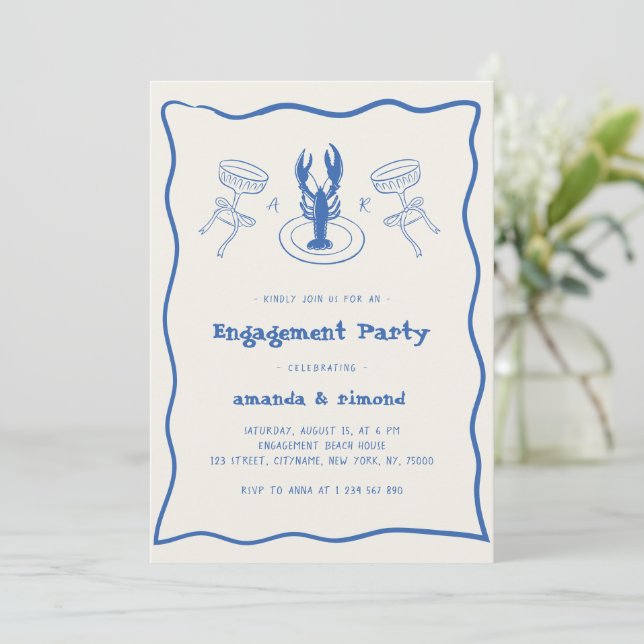 Hand Drawn Cocktail & Lobster Engagement Party Invitation (Standing Front)