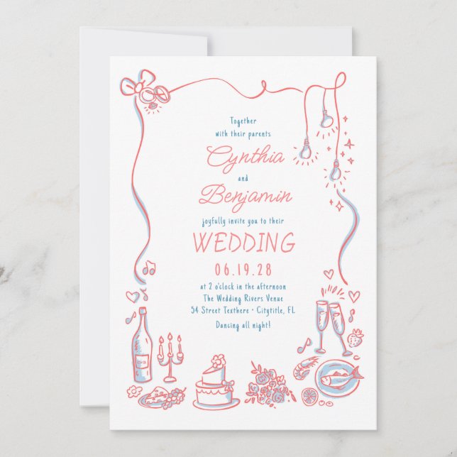 Hand Drawn Cocktail Whimsical Wedding Photo Invitation (Front)