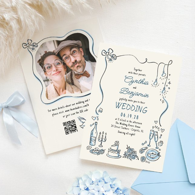 Hand Drawn Cocktail Whimsical Wedding Photo Invitation (Hand-drawn whimsical wedding photo invitation)
