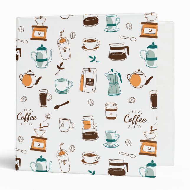 Hand Drawn Coffee and Cafe Pattern 3 Ring Binder (Front/Inside)