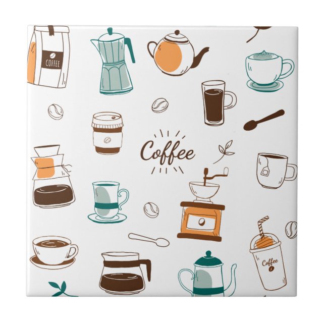 Hand Drawn Coffee and Cafe Pattern Ceramic Tile (Front)
