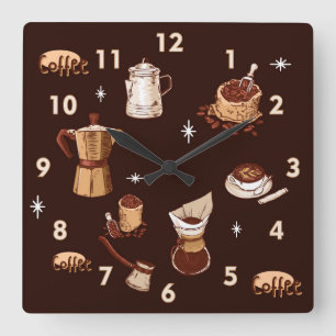 Hand Drawn Coffee Pot, Beans & Cup Square Wall Clock