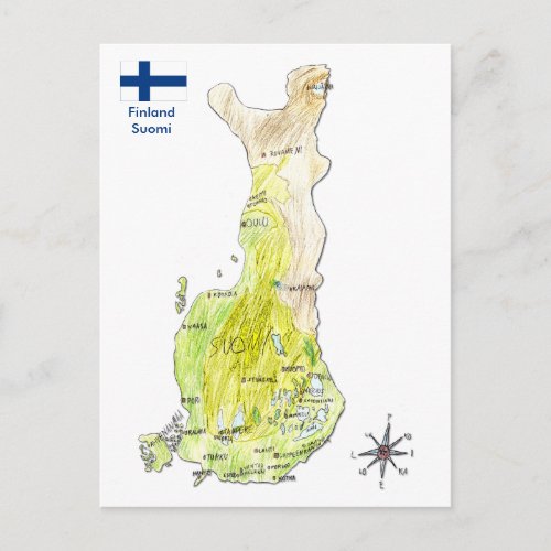 Hand Drawn Color Map of Finland Postcard