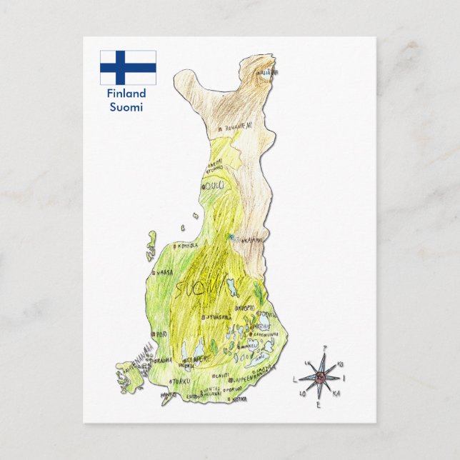 Hand Drawn Color Map of Finland Postcard (Front)