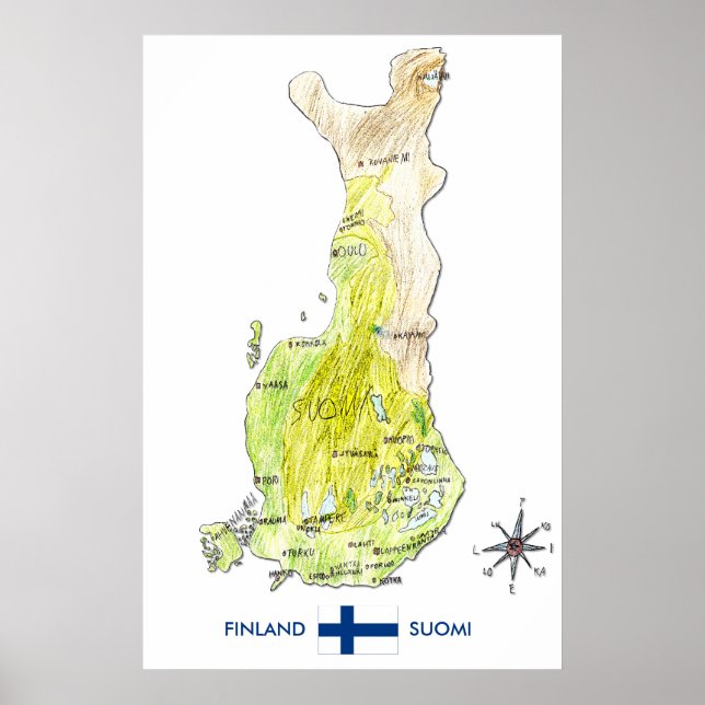 Hand Drawn Color Map of Finland Poster (Front)