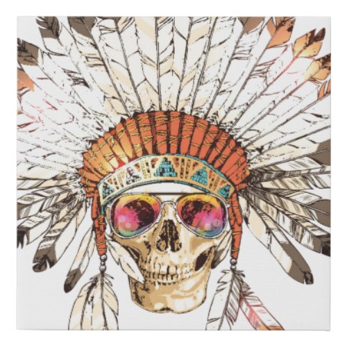 Hand Drawn Color Native American Indian Headdress  Faux Canvas Print