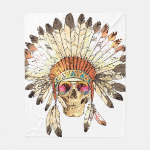 Hand Drawn Color Native American Indian Headdress Fleece Blanket