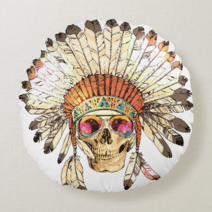 Hand Drawn Color Native American Indian Headdress  Round Pillow