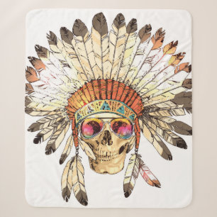 Hand Drawn Color Native American Indian Headdress Sherpa Blanket