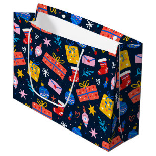 Hand Drawn Colorful Christmas Pattern, Deep Blue Large Gift Bag