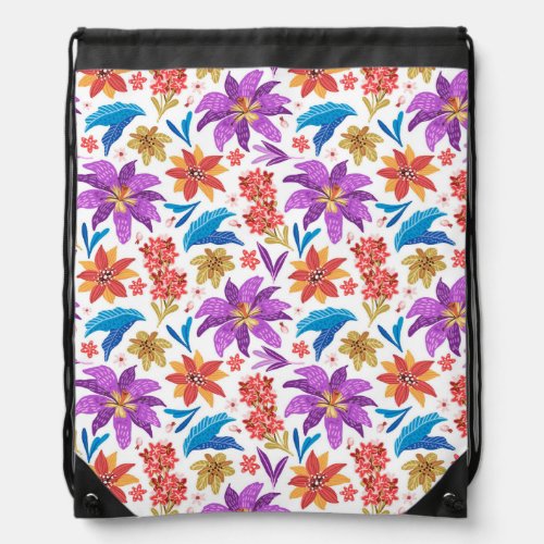 Hand Drawn Colorful Exotic Floral Pattern Drawstring Bag