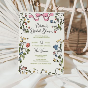 Hand Drawn Colorful Floral Frame Bow Bridal Shower Invitation