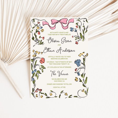Hand Drawn Colorful Floral Frame Bow Wedding Invitation