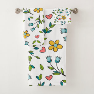 Hand-Drawn Colorful Floral & Hearts Pattern Bath Towel Set