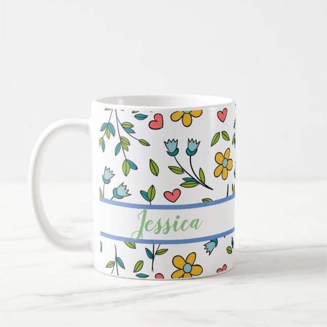 Hand-Drawn Colorful Floral & Hearts Pattern Coffee Mug (Left)