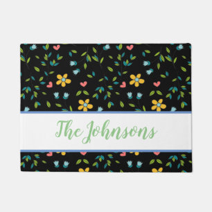 Hand-Drawn Colorful Floral & Hearts Pattern Doormat