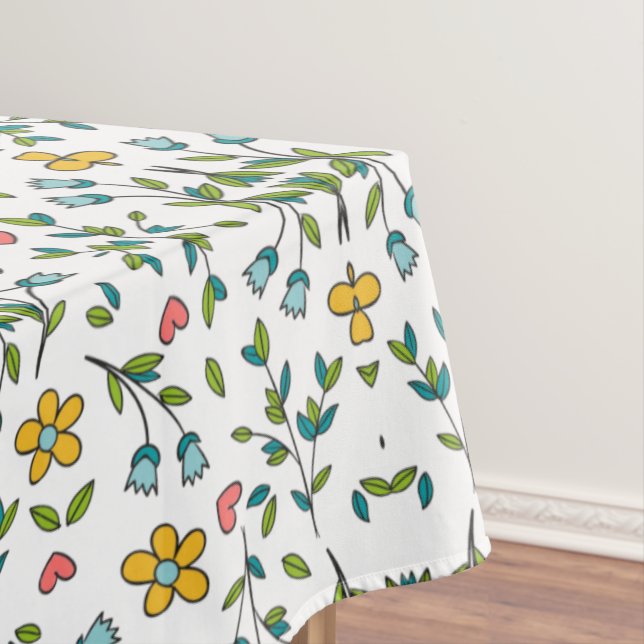 Hand-Drawn Colorful Floral & Hearts Pattern  Tablecloth (In Situ)