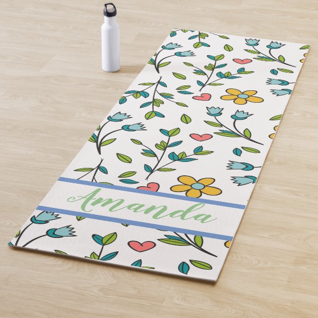 Hand-Drawn Colorful Floral & Hearts Pattern  Yoga Mat (In Situ)