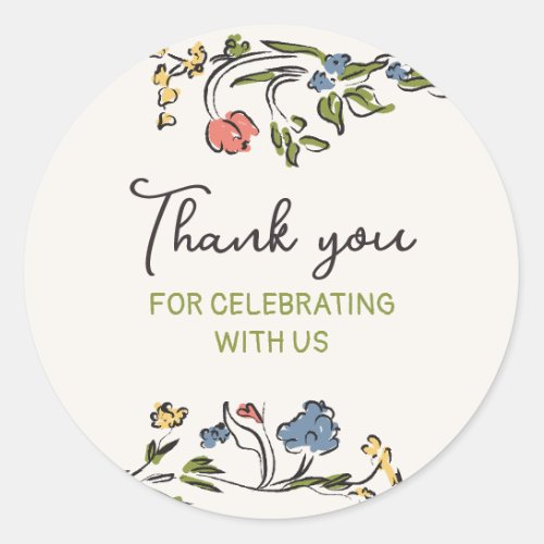 Hand Drawn Colorful Floral Thank You Classic Round Sticker