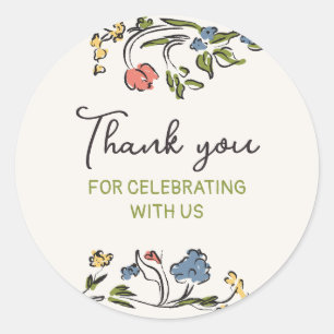 Hand Drawn Colorful Floral Thank You Classic Round Sticker