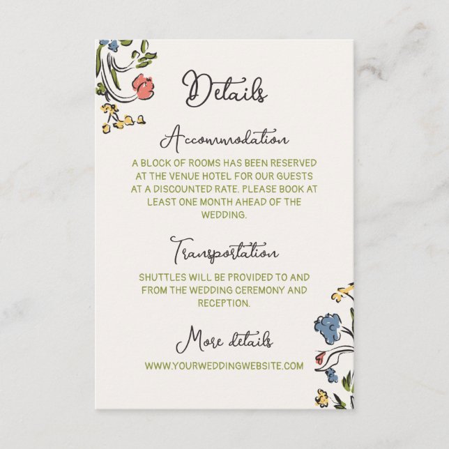 Hand Drawn Colorful Floral Wedding Details Enclosure Card (Front)