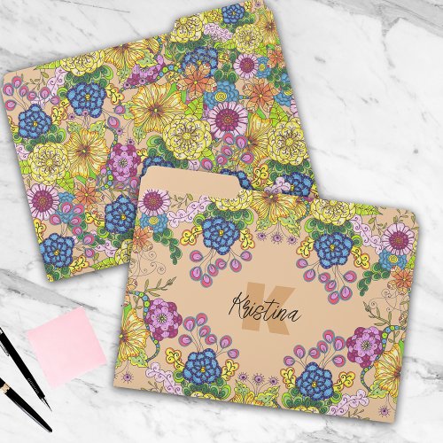 Hand_Drawn Colorful Flowers Name and Initial File Folder