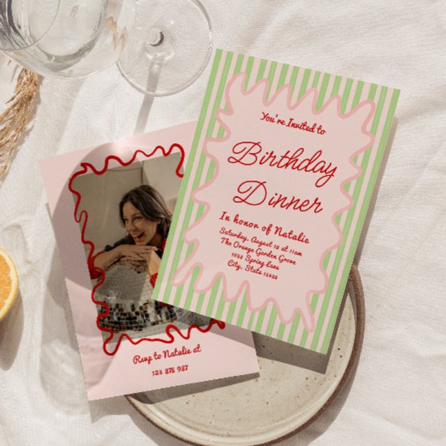 Hand Drawn Colorful Stripes Photo Birthday Dinner Invitation (Creator Uploaded)